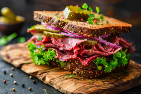 Delicious pastrami sandwich with wholegrain bread, fresh salad and pickle on wooden boardの写真素材