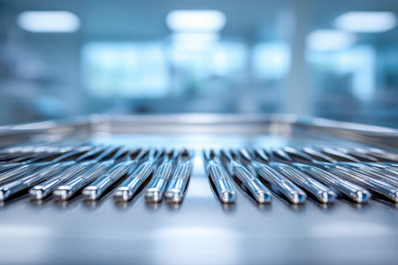 A detailed shot showing sleek steel writing instruments neatly organized on a contemporary office tray, highlighting professionalism and efficient workspace design.の写真素材