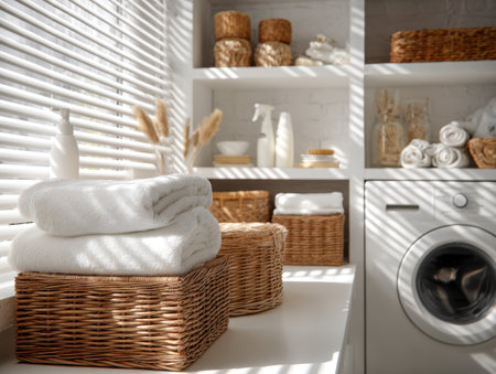 Sunlit laundry space with pristine shelves stacked with soft towels, woven baskets for storage, and gentle shadows from window blinds creating a warm, inviting atmosphere.の写真素材