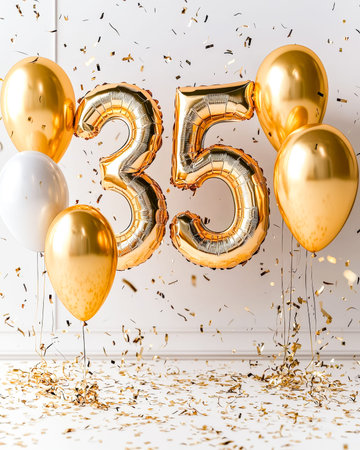 Jubilant scene featuring shimmering gold and elegant white balloons with colorful confetti, capturing a festive atmosphere for special milestones.の写真素材