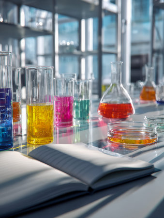 A vibrant laboratory scene showing vivid liquids in beakers and test tubes on a sunny worktable,...