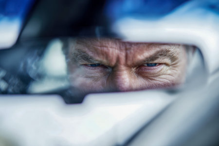 A determined middle-aged man scrutinizes the road behind through a rearview mirror, his furrowed...