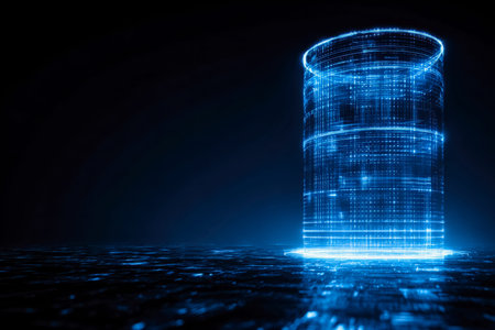 A glowing, three-dimensional hologram of a cylindrical data vault hovers in a sleek, neon-lit...