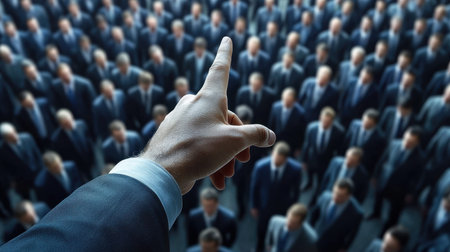 A focused hand directs attention toward attentive professionals engaged in a formal learning...