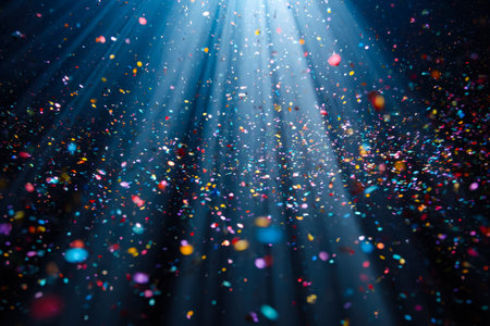 Vibrant specks of confetti burst in a dark setting, vividly highlighted by strong beams of...