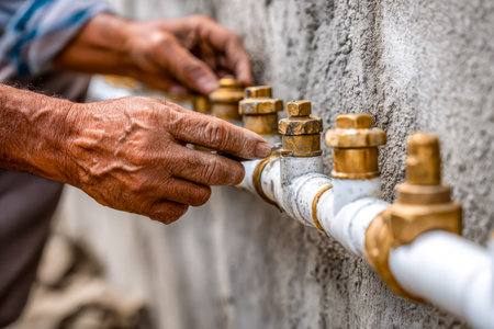 A weathered hand grips a valve, fine lines visible, as it carefully turns a pipe fitting on a rugged concrete backdrop, evoking age and craftsmanship.の写真素材