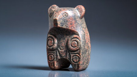 A weathered carved bear sculpture crafted from stone, displaying detailed patterns and symbols that hint at a rich cultural or spiritual heritage.のeditorial素材