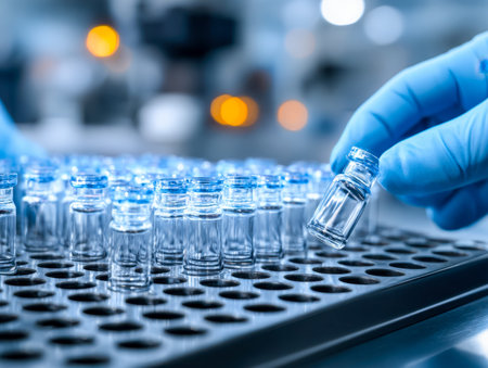 A scientist carefully manages syringe-ready vials amid sleek lab equipment, showing precision in a...