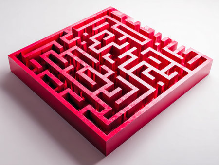 A vibrant, multi-layered 3d labyrinth with bright hues and twisting pathways, set against a clean...