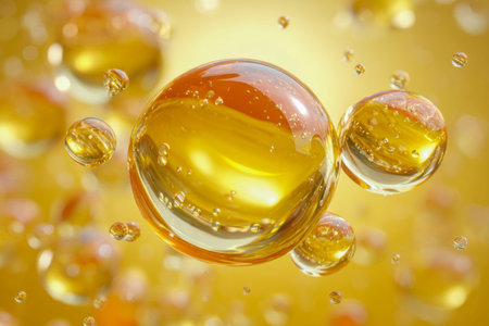 Dynamic scene of luminous amber droplets floating amid shimmering reflections and translucent...