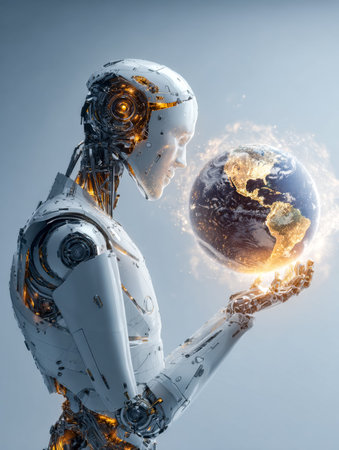 A sleek, advanced android cradles a luminous planet, symbolizing harmony between cutting-edge...