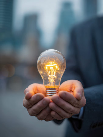 Two hands cradle a warm, radiant filament bulb against a city skyline at dusk, embodying ideas,...