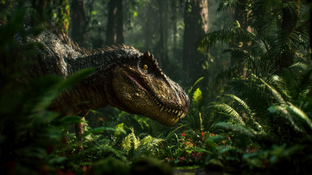 Majestic dinosaur prowls through dense, vibrant jungle foliage, basking in dappled sunlight amidst towering trees and lush greenery.のeditorial素材