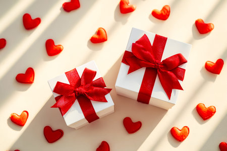 Elegant gift packages adorned with vibrant red ribbons and charming heart accents evoke love and celebration, perfect for romantic events or heartfeltの写真素材