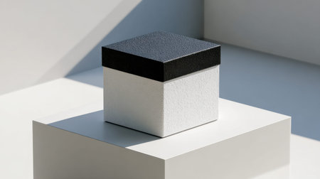 A sleek monochrome arrangement featuring a patterned dark cube atop a larger bright platform,...