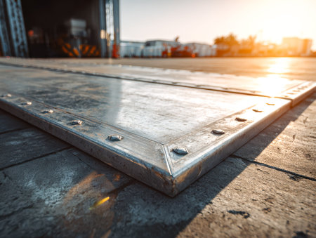 Glinting metal angles catch sunlight against a bustling cityscape, highlighting architectural detail...
