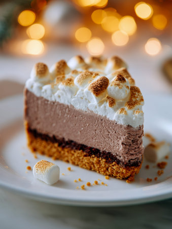 A rich chocolate dessert featuring fluffy toasted marshmallows atop a crisp, buttery crust, set...