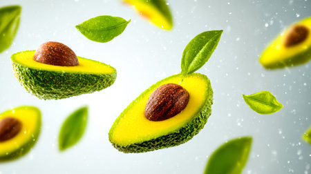 Vibrant green avocados and lush leaves drift gracefully across a luminous backdrop, evoking...
