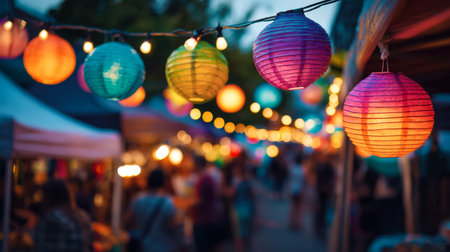 Vibrant paper lanterns cast a warm glow over bustling stalls, creating an inviting atmosphere filled with cheerful vendors and excited visitors enjoying the night.の写真素材