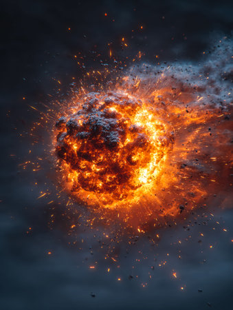 A violent surge of flames and shattered fragments erupts across the night sky, casting an ominous...