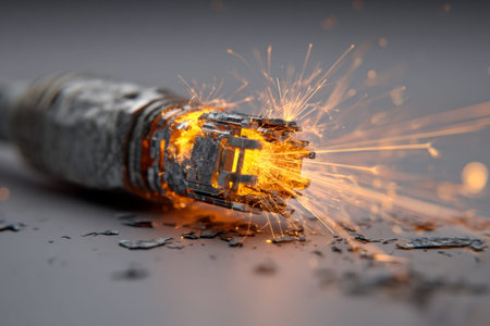 A damaged electrical connector with exposed metal strands crackling with bright sparks, surrounded...