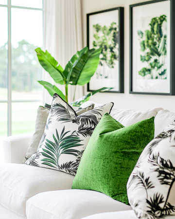 A sleek, contemporary lounge featuring lush greenery, plush emerald velvet seats, and vibrant...