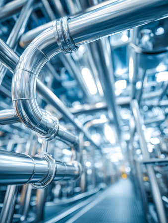 Complex network of polished metal conduits and valves seamlessly interconnects within a sleek,...