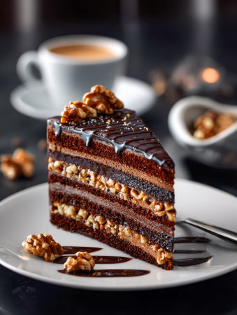 A luscious layered chocolate dessert with crunchy walnut cores, topped with shiny ganache,...