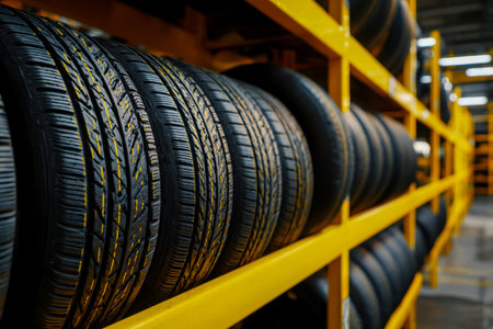 Bright yellow metal shelving units hold neatly arranged fresh tires, creating a vibrant and orderly...