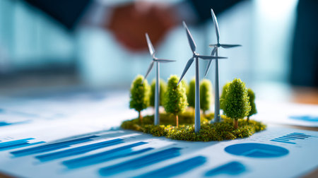 Tiny-scale turbines and foliage models illustrate eco-friendly innovations and green initiatives,...