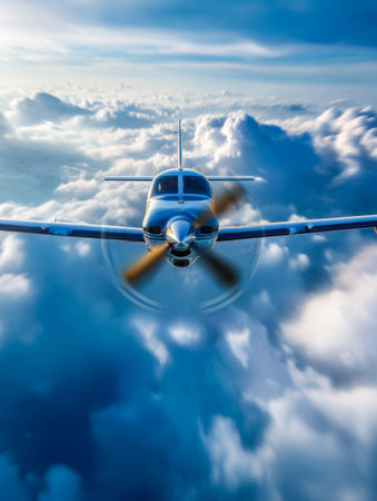A streamlined jet soars above wispy white clouds, exuding luxury and speed against a clear, azure...