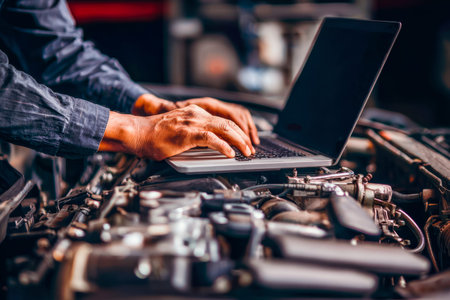 A mechanic focusing on a diagnostic screen on his laptop as he examines an internal combustion engine in a brightly lit garage setting.の写真素材