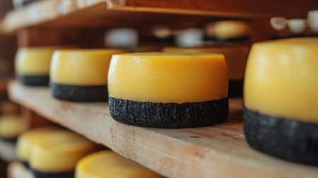 Vertically arranged cheese wheels with vibrant yellow rinds and dark wax coatings, resting on a...