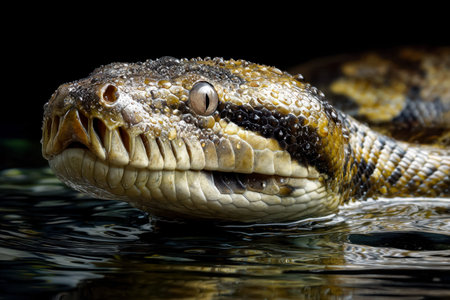 A detailed shot of a crocodile's scaled face emerging from murky waters, creating a tense,...