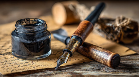 An exquisite antique ink pen paired with a glass ink bottle, resting beside a heartfelt handwritten...