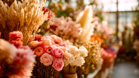 Vivid, weathered blossoms arranged in a charming display, basking in sunny garden light, evoking...