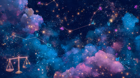 A luminous celestial panorama showcasing vibrant star clusters and cosmic symbols that evoke wonder,...