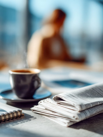 A warm morning scene featuring a fragrant coffee, neatly folded newspapers, and a journal basking in gentle sunlight, with an out-of-focus person focused on work.の写真素材