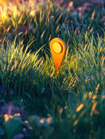 A vibrant red map pin stands out against lush green grass, illuminated by warm sunset hues,...