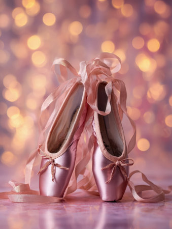 Delicately placed blush-colored dance shoes sit atop a mirror-like surface, surrounded by gentle,...