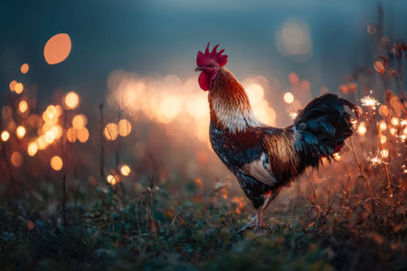 A refined rooster stands gracefully amid a tranquil outdoor scene, bathed in soft, amber-hued glow from gentle bokeh lanterns, creating a peaceful and sophisticated atmosphereの写真素材