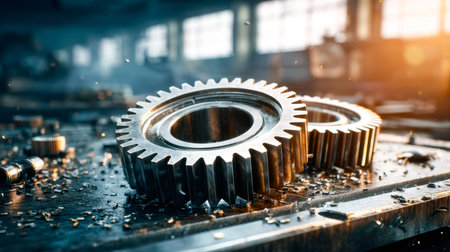 Intricate stainless steel components display flawless machining, arranged on a workbench amid a...