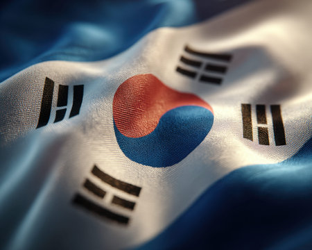 A detailed view of the woven fabric featuring the iconic Taegeuk swirl and four black trigrams,...