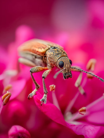 A delicate insect rests amidst fiery crimson petals, its tiny form contrasting beautifully with the...