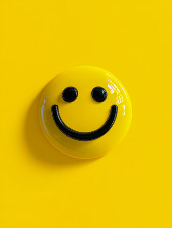 A reflective black smile motif is centered on a glossy yellow disc, set against a vibrant yellow...