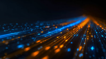 Dynamic neon trails weave through darkness, forming a radiant corridor that symbolizes technological...