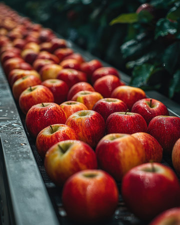 Vibrant ripe apples form a colorful row along a processing line amid lush orchard surroundings, capturing freshness and farm-to-table appeal.の写真素材