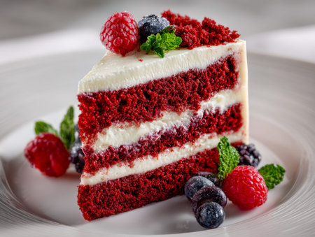 A tempting slice of rich red velvet layered cake adorned with smooth frosting, topped with juicy...