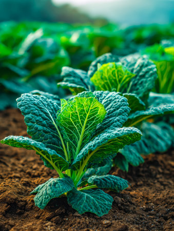Tender seedlings thrive in fertile earth, basking in sunlight, embodying freshness and vitality on a...