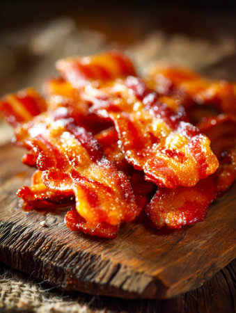 Warm, golden-brown bacon slices coated in a glossy maple glaze, arranged on textured wood, evoking...